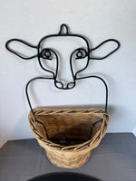 Farmhouse Wrought Iron Cow & Woven Wicker Wall Pocket