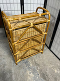 Curved Bent-Rattan Vintage Three Drawer Storage Unit; Side Handles and Woven Wicker Baskets