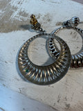 Trifari Vintage Silver Tone Ribbed Drop Hoop Earrings