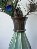 Pacific Rim Blue Fluted Ceramic Vase with Peacock Feathers