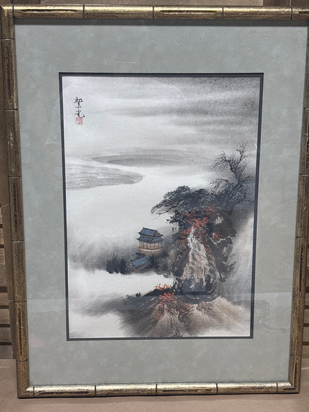Asian Ink Wash with Pagoda / Trees