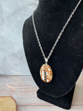 Brown & White Marbled Agate Stone Pendant Silver Tone Necklace
