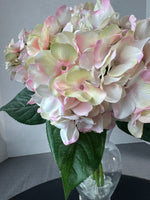 Faux Hydrangeas in Clear Glass Vase