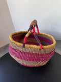 Pink & Purple Woven African Bolga Basket with Leather Wrapped Handle