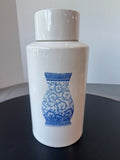 White Ceramic Lidded Temple Jar with Chinoiserie Emblems