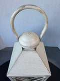 Distressed Cream Metal Lantern with River Rocks & Pillar Candle