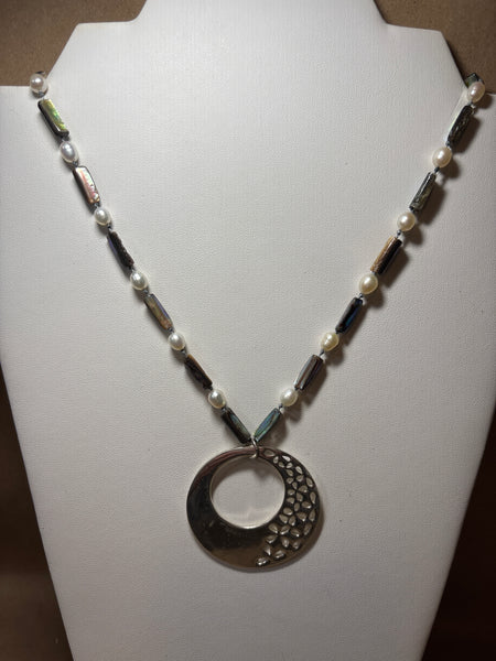 Abalone/Faux Pearl Necklace with Silver Tone Pendant