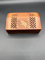Wooden Trinket Box With Brass Inlaid Elephant And Hearts