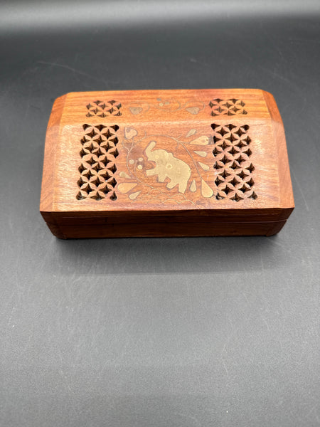 Wooden Trinket Box With Brass Inlaid Elephant And Hearts