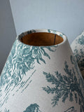 Pair of Cream Metal Cage Style Lamps with Blue & White Toile Shades (WORKS)