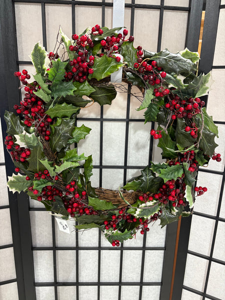B-18” Grapevine and Holly Wreath (Two Available, Listed Separately)