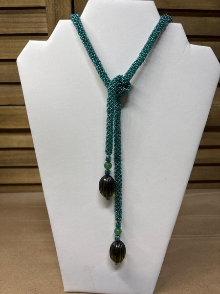 Beaded Turquoise Necklace with Green End Beads