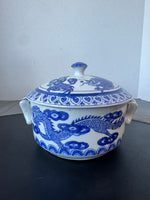 Blue & White Chinoiserie Chinese Dragon Covered Casserole