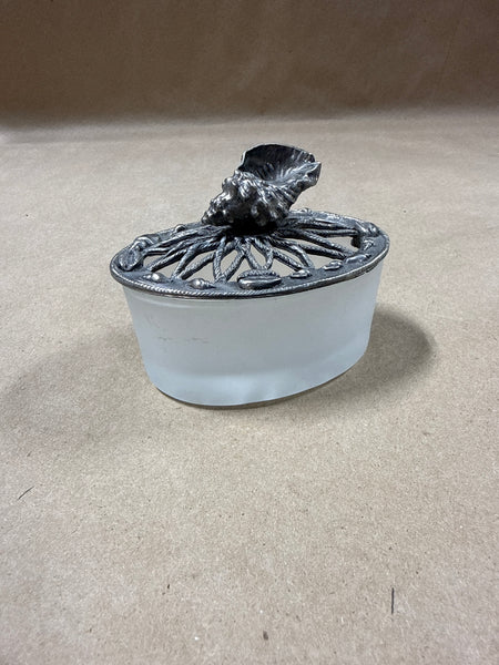Frosted Glass Oval Trinket Dish With Seashell Pewter Lid