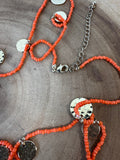 Long Gold Tone Disc & Orange Beaded Necklace & Stretch Bracelet Set