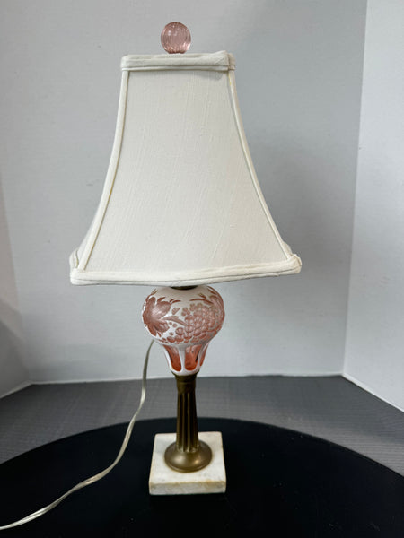 Pink Cameo Glass Vintage 3-Way Lamp with Brass & Marble Accents (WORKS)