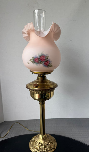 Pink Fenton Burmese Style Brass Lamp with Hand Painted Signed Floral Shade (WORKS)