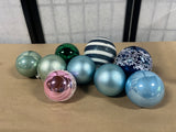 Glass Ornament Lot, 9 pc, blue/pink/green tones