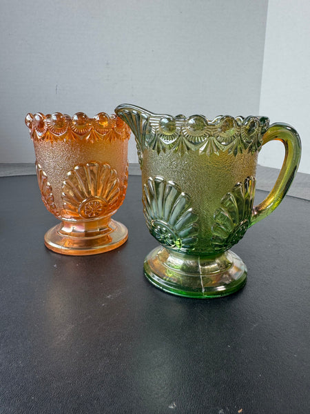 Westmoreland Shell & Jewel Green and Amber Carnival Glass Creamer & Sugar Bowl