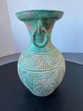 Bohemian Style Heavyweight Etched Pottery Vase with Multicolored Patina