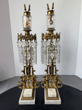Pair of Antique Girandole Brass, Marble & Crystal Prism Candlesticks with Oil Lamp Conversion Inserts