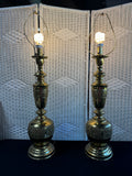 Pair of James Mont Asian Inspired Embossed Brass Table Lamps (WORKS)