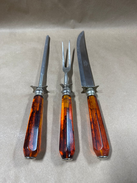 3 Piece Amber Lucite Faux Tortoise Shell Handle Carving Set