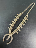 Hand Made Native American Navajo Silver Tone Turquoise Squash Blossom Necklace & Clip Earrings Set