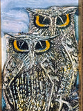 MCM Glass Painting Transferred to Paper Art  - Owls