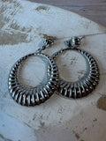 Trifari Vintage Silver Tone Ribbed Drop Hoop Earrings