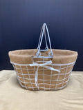 White Wire Basket with Burlap Liner