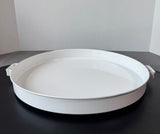 White Enamel Round Metal Serving Tray with Handles
