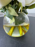 Faux White Roses in Glass Vase