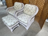 Cream Tone Wicker Pair of Chairs with Ottoman and Cushions