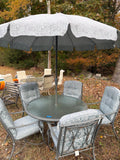 Metal w/Glass Top Patio Table and Five Chair Set w/Cushions, 8’ Umbrella and Stand