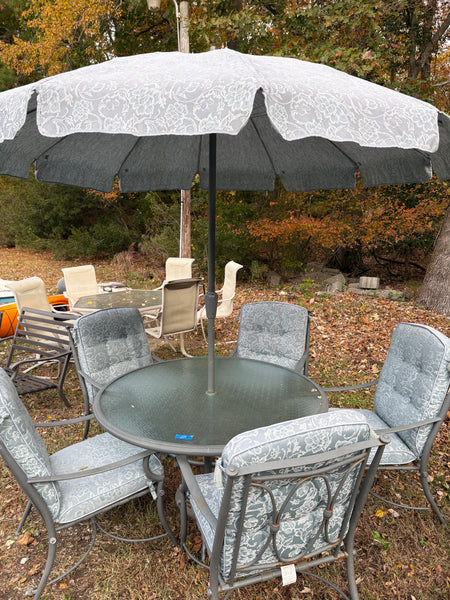 Metal w/Glass Top Patio Table and Five Chair Set w/Cushions, 8’ Umbrella and Stand