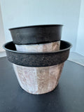 Pair of India Metal & Faux Wood Plank Planters with 1 Saucer