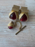 3-Piece Swank Vintage Red Dragon Eye Gold Tone Cufflinks & Tie Pin