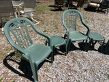 (3) Plastic Patio Chairs with (2) Plastic Side Tables