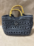 Black Cappelli Seagrass Straw Handbag With Starfish Emblem And Bamboo Style Handles