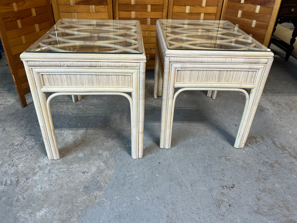 Pair of Wicker & Glass End Tables