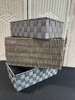 Trio of Gray Storage Baskets: Woven Plastic & Fabric