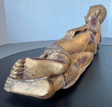 Reclining Burmese Mandalay Style Gilded Vintage Wooden Buddha with Glass Inlay