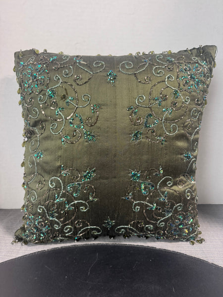 Olive Green Bead & Sequin Embellished Throw Pillow
