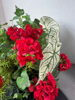 Faux Geranium Arrangement in Mossy Basket