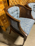 Cane Chairs with Blue & White Upholstery, Set of 2/Pair