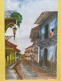 Ink & Watercolor Panama Street Scene; Signed