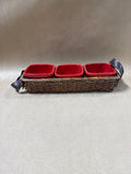 Set Of 3 Red Ceramic Condiment Bowls In Basket