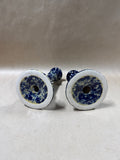 Pair Of Blue Spongeware Pottery Candle Stick Holders