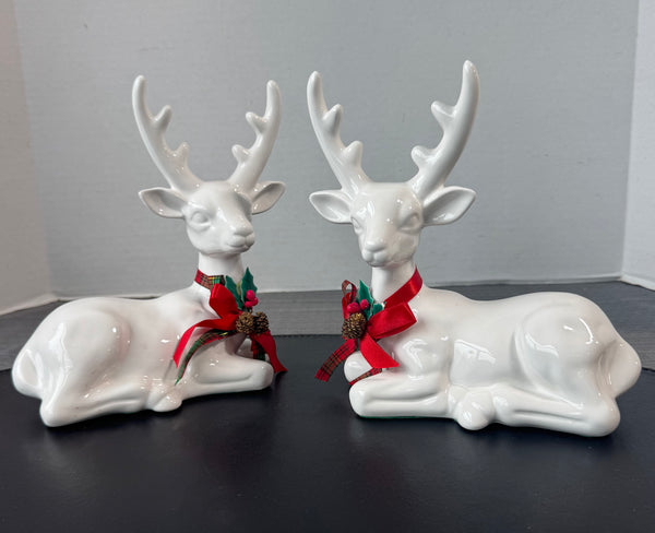 Pair of Flambro Indonesia Vintage White Ceramic Reindeer